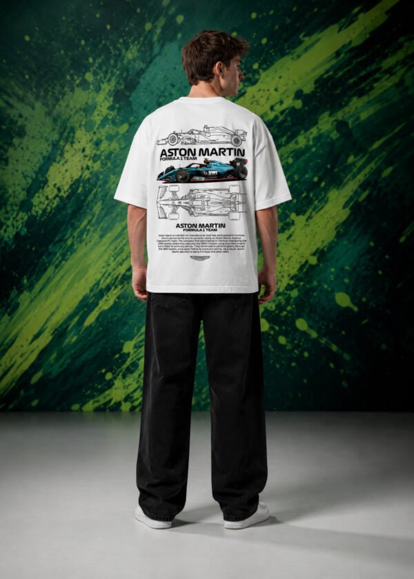 Aston Martin Formula 1 Team T-Shirt White (Oversized) back Aston Martin Formula 1 Team T-Shirt White (Oversized) back print worn by model