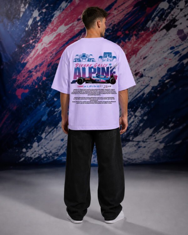Pierre Gasly Alpine T-Shirt Lavender (Oversized) back Pierre Gasly Alpine T-Shirt Lavender (Oversized) back print worn by model