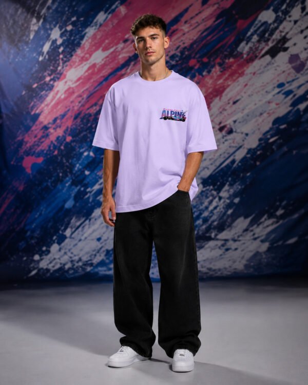 Pierre Gasly Alpine T-Shirt Lavender (Oversized) front Pierre Gasly Alpine T-Shirt Lavender (Oversized) front view worn by model