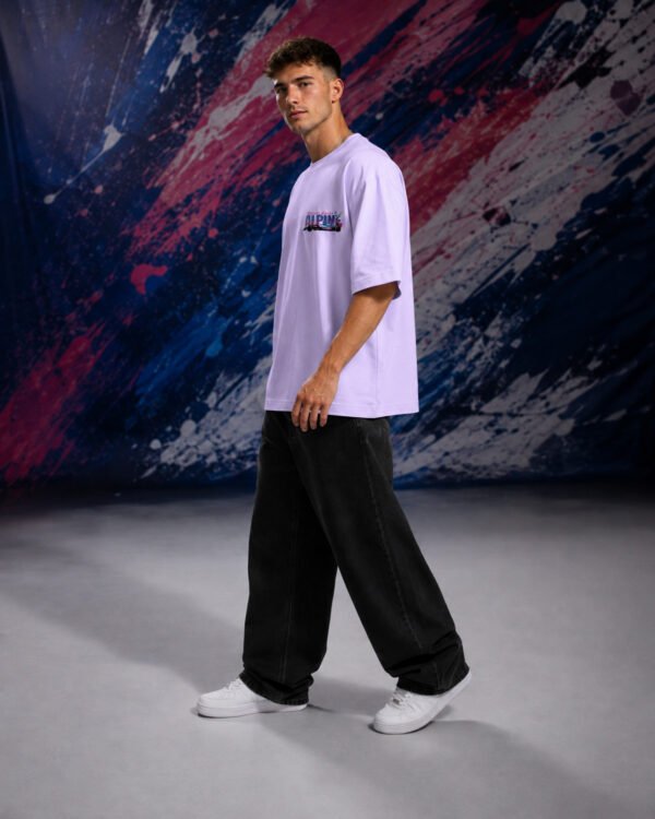 Pierre Gasly Alpine T-Shirt Lavender (Oversized) side Pierre Gasly Alpine T-Shirt Lavender (Oversized) side view worn by model