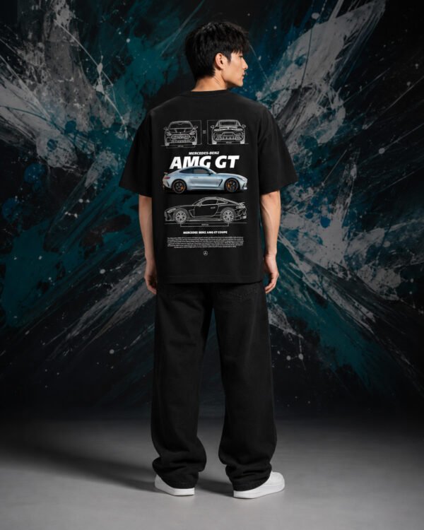 Mercedes AMG GT Coupe T-Shirt Black (Oversized) back Mercedes AMG GT Coupe T-Shirt Black (Oversized) back print worn by model