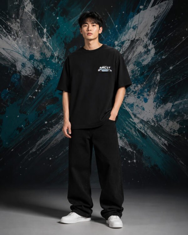 Mercedes AMG GT Coupe T-Shirt Black (Oversized) front Mercedes AMG GT Coupe T-Shirt Black (Oversized) front view worn by model