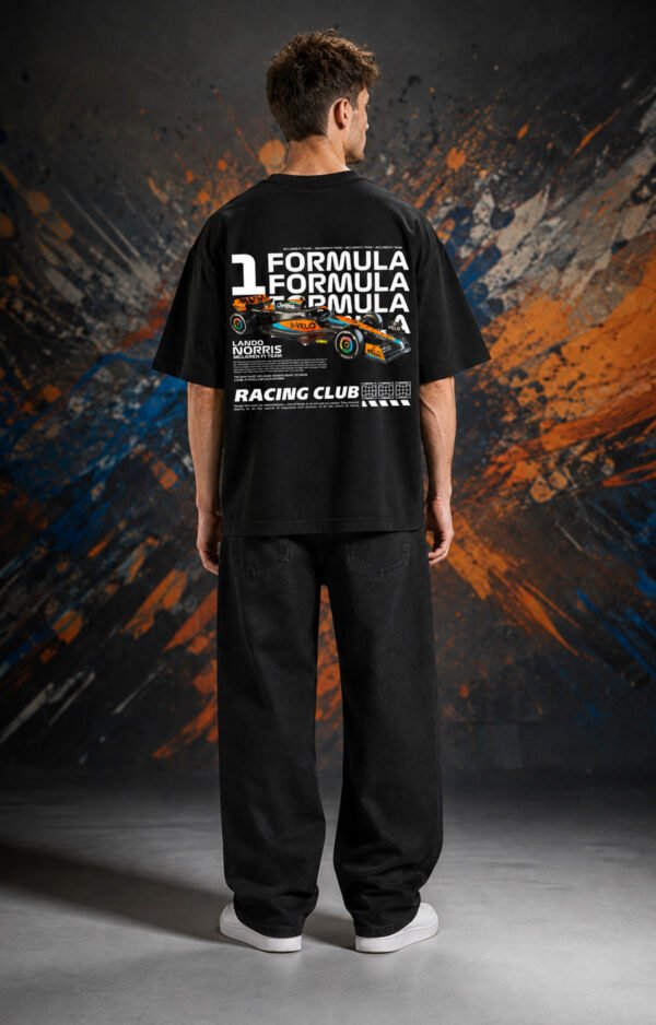 Lando Norris McLaren T-Shirt Black (Oversized) back print worn by model