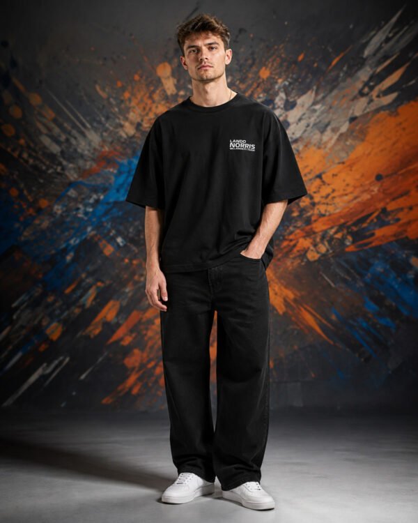 Lando Norris McLaren T-Shirt Black (Oversized) front view worn by model
