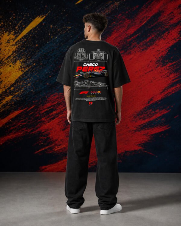 Sergio Perez Red Bull Racing T-Shirt Black (Oversized) back Sergio Perez Red Bull Racing T-Shirt Black (Oversized) back print worn by model