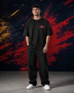 Sergio Perez Red Bull Racing T-Shirt Black (Oversized) front Sergio Perez Red Bull Racing T-Shirt Black (Oversized) front view worn by model