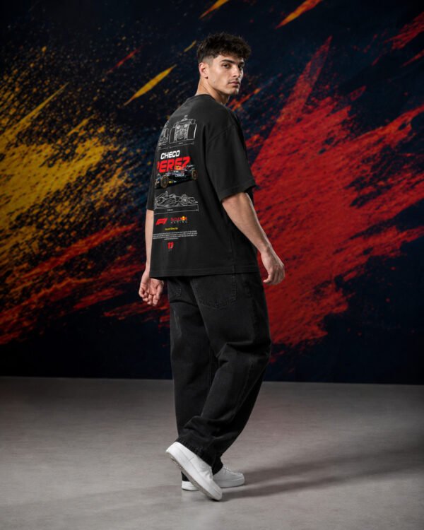 Sergio Perez Red Bull Racing T-Shirt Black (Oversized) side Sergio Perez Red Bull Racing T-Shirt Black (Oversized) side view worn by model