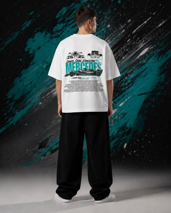 Lewis H*milton Merc*des T-Shirt White (Oversized) back Lewis H*milton Merc*des T-Shirt White (Oversized) back print worn by model