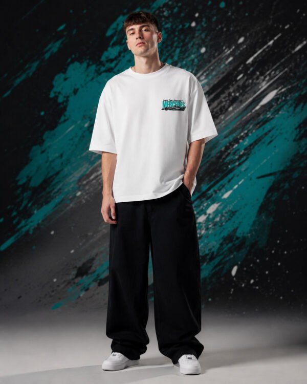 Lewis H*milton Merc*des T-Shirt White (Oversized) front Lewis H*milton Merc*des T-Shirt White (Oversized) front view worn by model