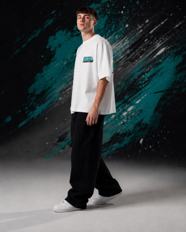 Lewis H*milton Merc*des T-Shirt White (Oversized) side Lewis H*milton Merc*des T-Shirt White (Oversized) side view worn by model
