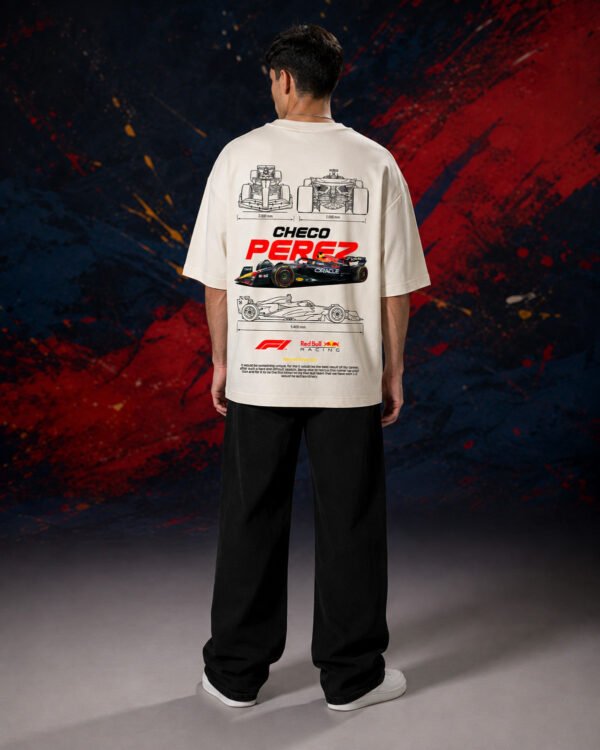 Sergio Perez Red Bull Racing T-Shirt Beige (Oversized) back Sergio Perez Red Bull Racing T-Shirt Beige (Oversized) back print worn by model