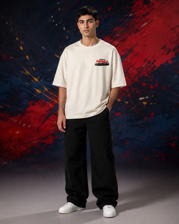 Sergio Perez Red Bull Racing T-Shirt Beige (Oversized) front Sergio Perez Red Bull Racing T-Shirt Beige (Oversized) front view worn by model