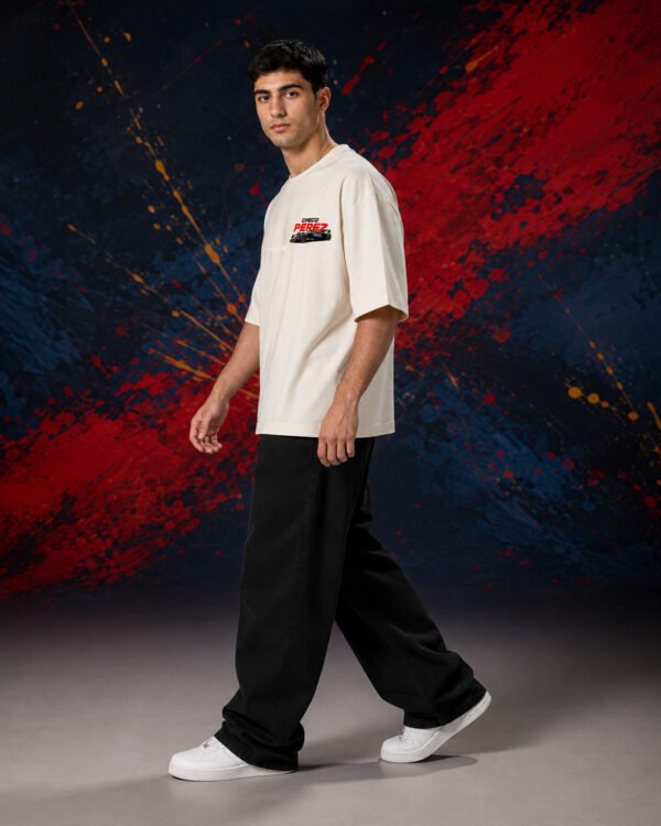 Sergio Perez Red Bull Racing T-Shirt Beige (Oversized) side Sergio Perez Red Bull Racing T-Shirt Beige (Oversized) side view worn by model