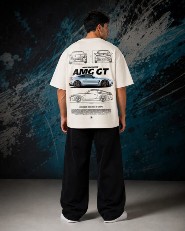 Mercedes AMG GT Coupe T-Shirt Beige (Oversized) back Mercedes AMG GT Coupe T-Shirt Beige (Oversized) back print worn by model