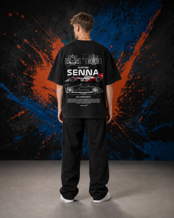 Ayrton Senna Formula One T-Shirt Black (Oversized) back Ayrton Senna Formula One T-Shirt Black (Oversized) back print worn by model