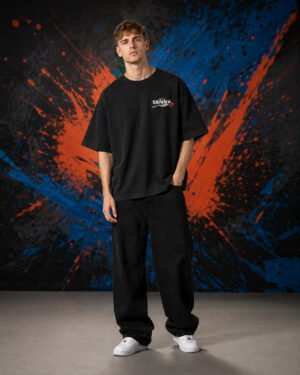 Ayrton Senna Formula One T-Shirt Black (Oversized) front Ayrton Senna Formula One T-Shirt Black (Oversized) front view worn by model