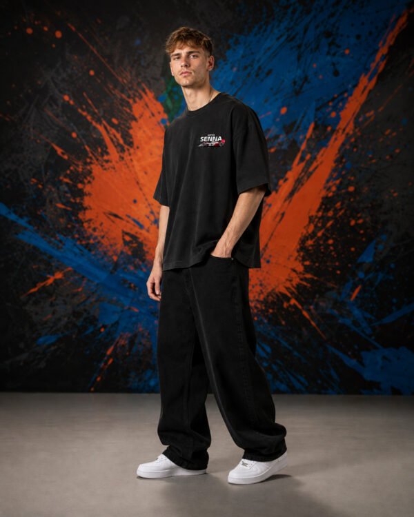 Ayrton Senna Formula One T-Shirt Black (Oversized) side Ayrton Senna Formula One T-Shirt Black (Oversized) side view worn by model