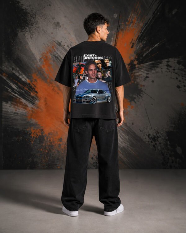 Paul Walker Fast & Furious Graphic T-Shirt Black (Oversized) back print worn by model