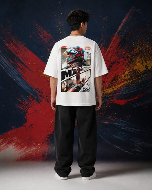 Max Verstappen World Champion Graphic T-Shirt White| (OVERSIZED) back Max Verstappen World Champion Graphic T-Shirt White| (OVERSIZED) back print worn by model