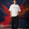 Max Verstappen World Champion Graphic T-Shirt White| (OVERSIZED) front Max Verstappen World Champion Graphic T-Shirt White| (OVERSIZED) front view worn by model