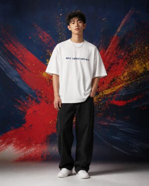 Max Verstappen World Champion Graphic T-Shirt White| (OVERSIZED) front view worn by model