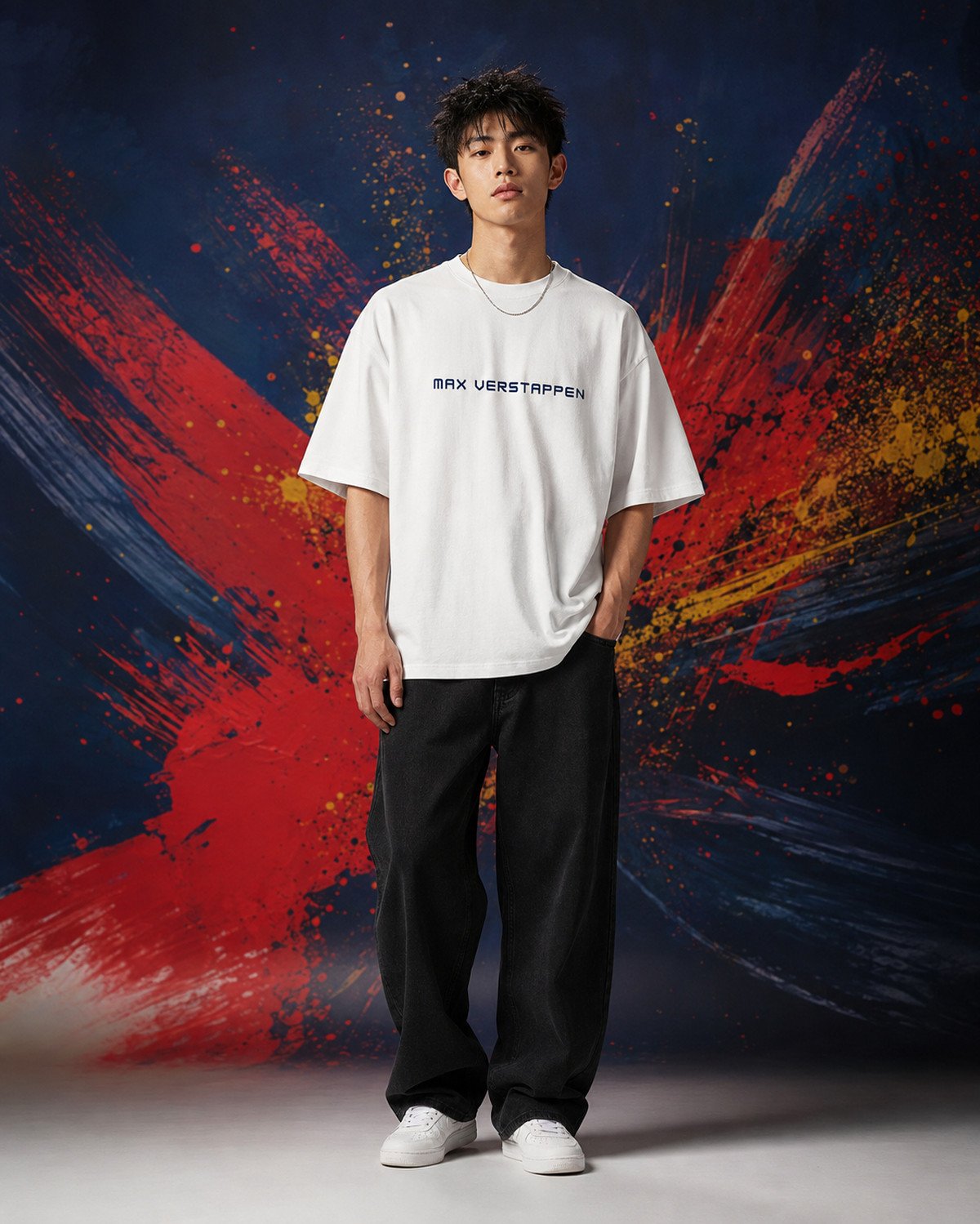 Max Verstappen World Champion Graphic T-Shirt White| (OVERSIZED) front view worn by model