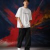 Max Verstappen World Champion Graphic T-Shirt White| (OVERSIZED) side Max Verstappen World Champion Graphic T-Shirt White| (OVERSIZED) side view worn by model