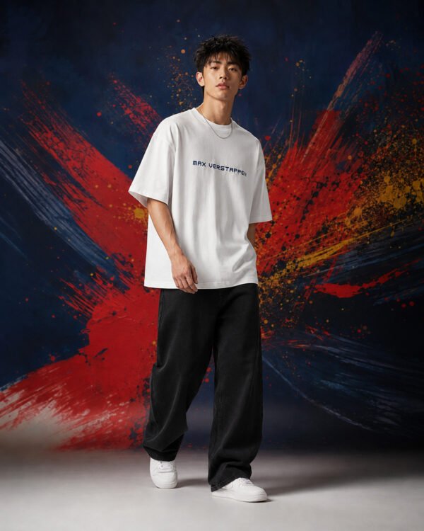Max Verstappen World Champion Graphic T-Shirt White| (OVERSIZED) side Max Verstappen World Champion Graphic T-Shirt White| (OVERSIZED) side view worn by model