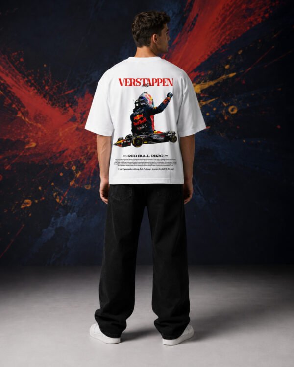 Verstappen Red Bull RB20 Graphic T-Shirt WHITE | OVERSIZED back Verstappen Red Bull RB20 Graphic T-Shirt WHITE | OVERSIZED back print worn by model