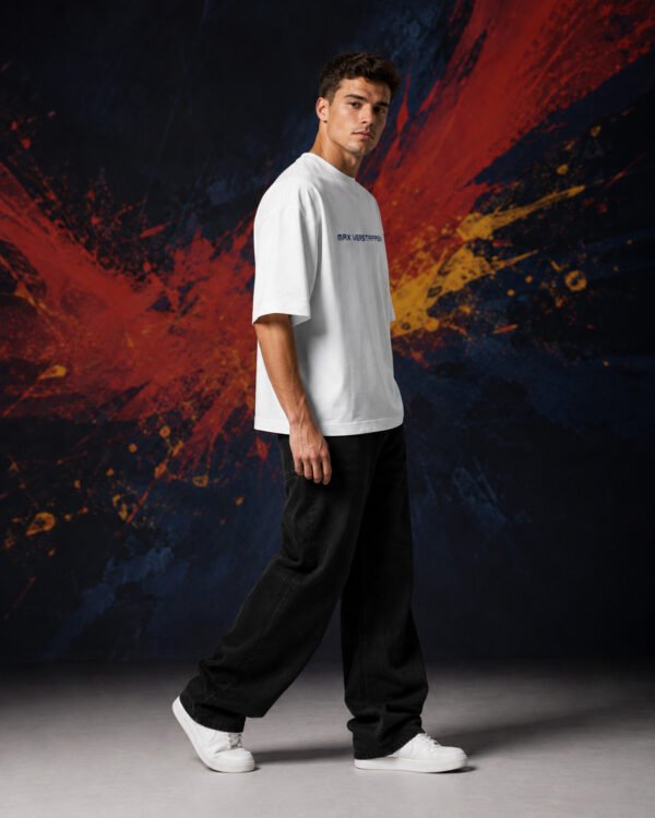 Verstappen Red Bull RB20 Graphic T-Shirt WHITE | OVERSIZED side Verstappen Red Bull RB20 Graphic T-Shirt WHITE | OVERSIZED side view worn by model