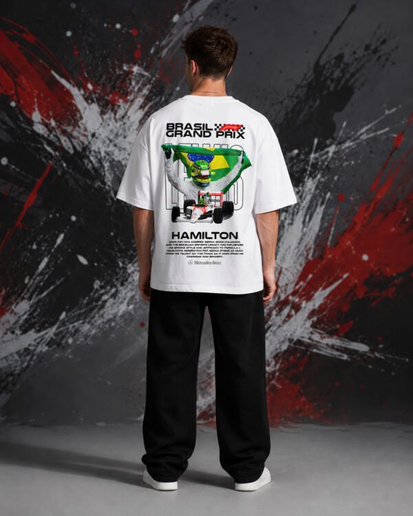Lewis H*milton Brasil Grand Prix T-Shirt White OVERSIZED back Lewis H*milton Brasil Grand Prix T-Shirt White OVERSIZED back print worn by model