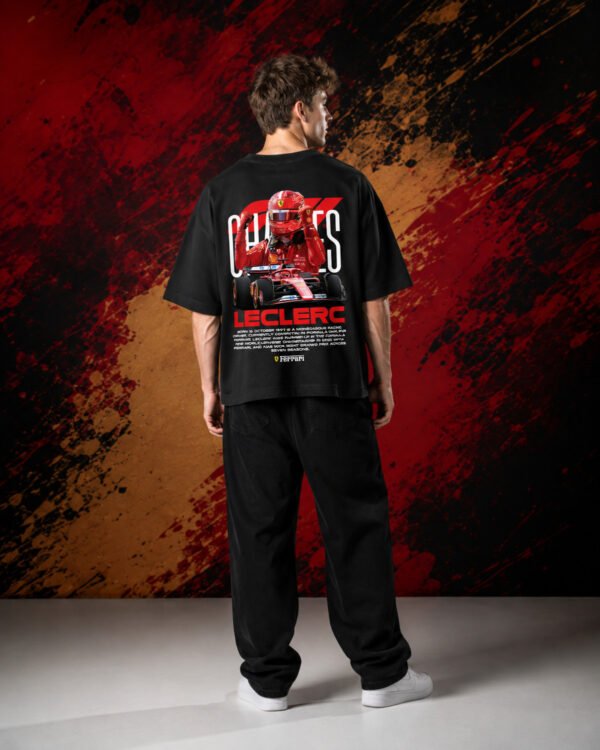 Charles Leclerc Victory Red Ferrari (Oversized) back Charles Leclerc Victory Red Ferrari (Oversized) back print worn by model