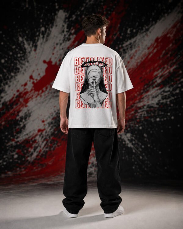 Betrayed T-Shirt White (OVERSIZED) back print worn by model