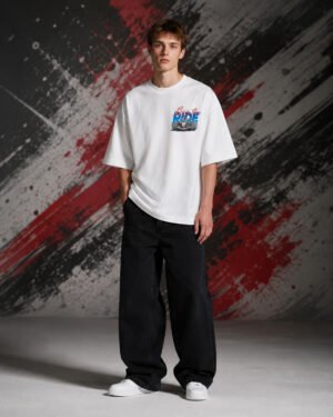 Born to Ride T-Shirt White | Formula Racing Streetwear (OVERSIZED) front Born to Ride T-Shirt White | Formula Racing Streetwear (OVERSIZED) front view worn by model