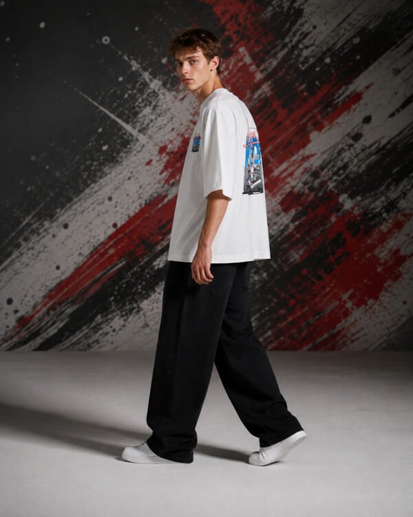 Born to Ride T-Shirt White | Formula Racing Streetwear (OVERSIZED) side view worn by model