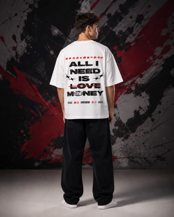 All I Need Is Love (But) Money (OVERSIZED) back All I Need Is Love (But) Money (OVERSIZED) back print worn by model