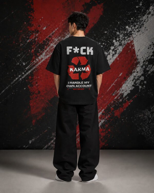 Karma Quote Graphic T-Shirt (Oversized) back Karma Quote Graphic T-Shirt (Oversized) back print worn by model