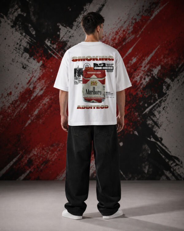 Smoking Addicted Graphic T-Shirt (Oversized) back print worn by model