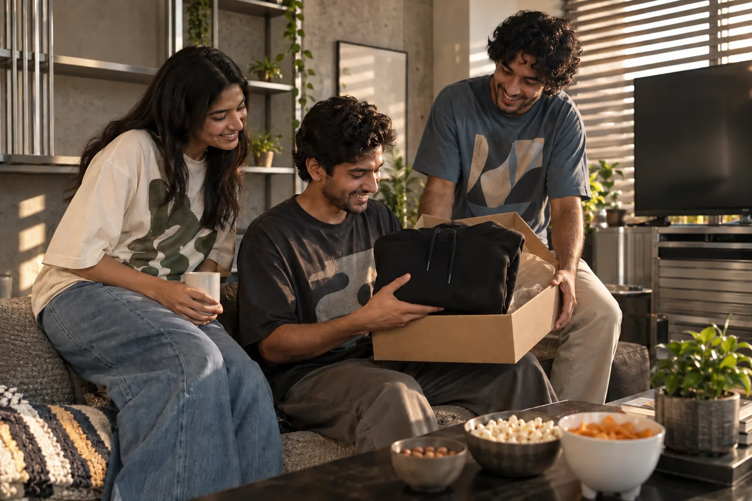 Friends exchange a folded hoodie in a gift box beside a sofa at home.