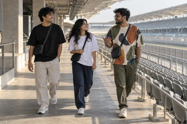 Three Indian fans in oversized t-shirts and trousers walk beside grandstand seating.