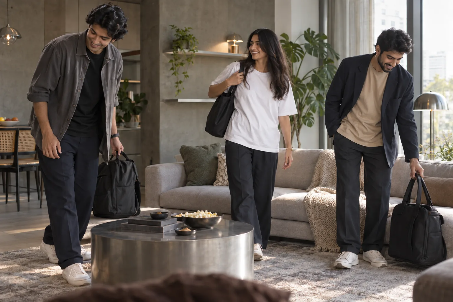 Three young adults in oversized tees and plain trousers gather beside a sofa, with jackets and work bags.