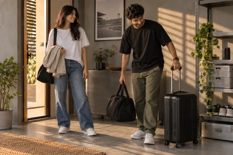 Two young adults in oversized t-shirts and relaxed trousers stand beside travel bags at home.