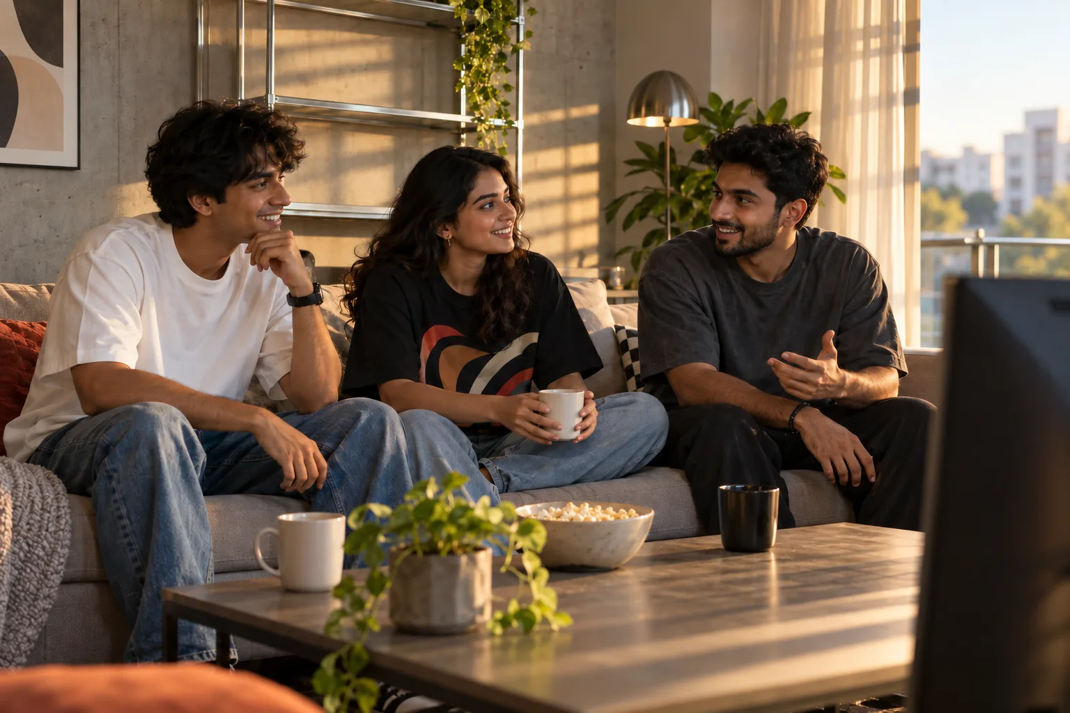 Three Indian young adults in black and white oversized t-shirts at a home watch party