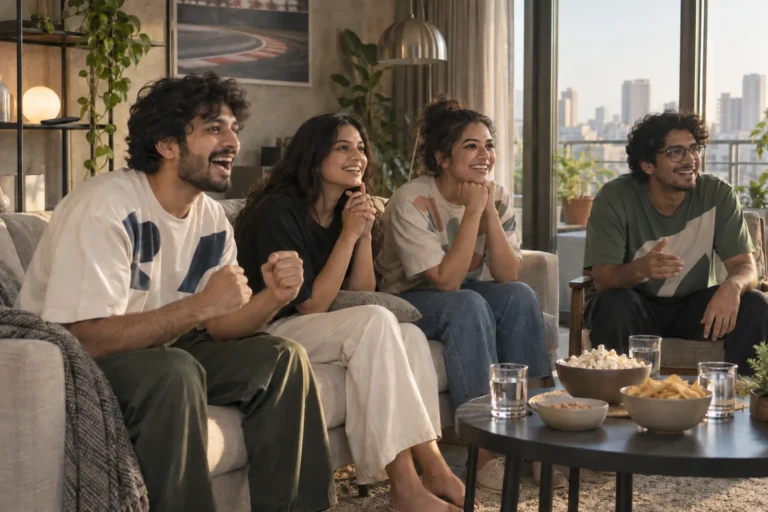Four friends in oversized T-shirts gather around a sofa for a home watch party.