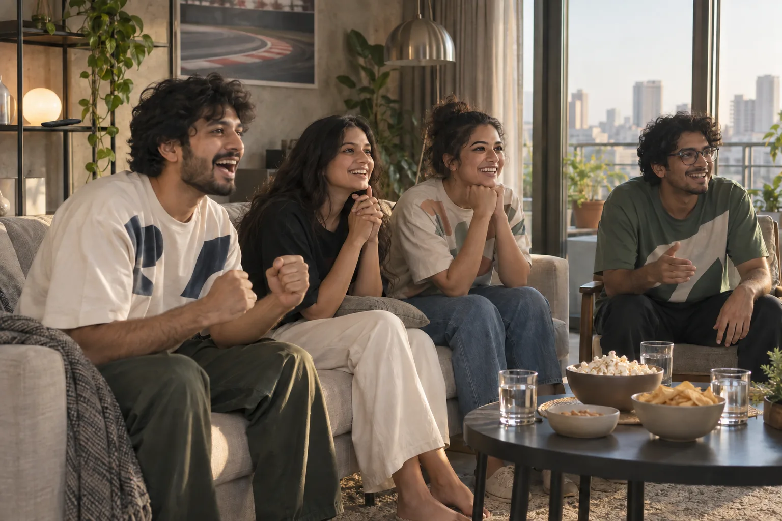 Four friends in oversized T-shirts gather around a sofa for a home watch party.