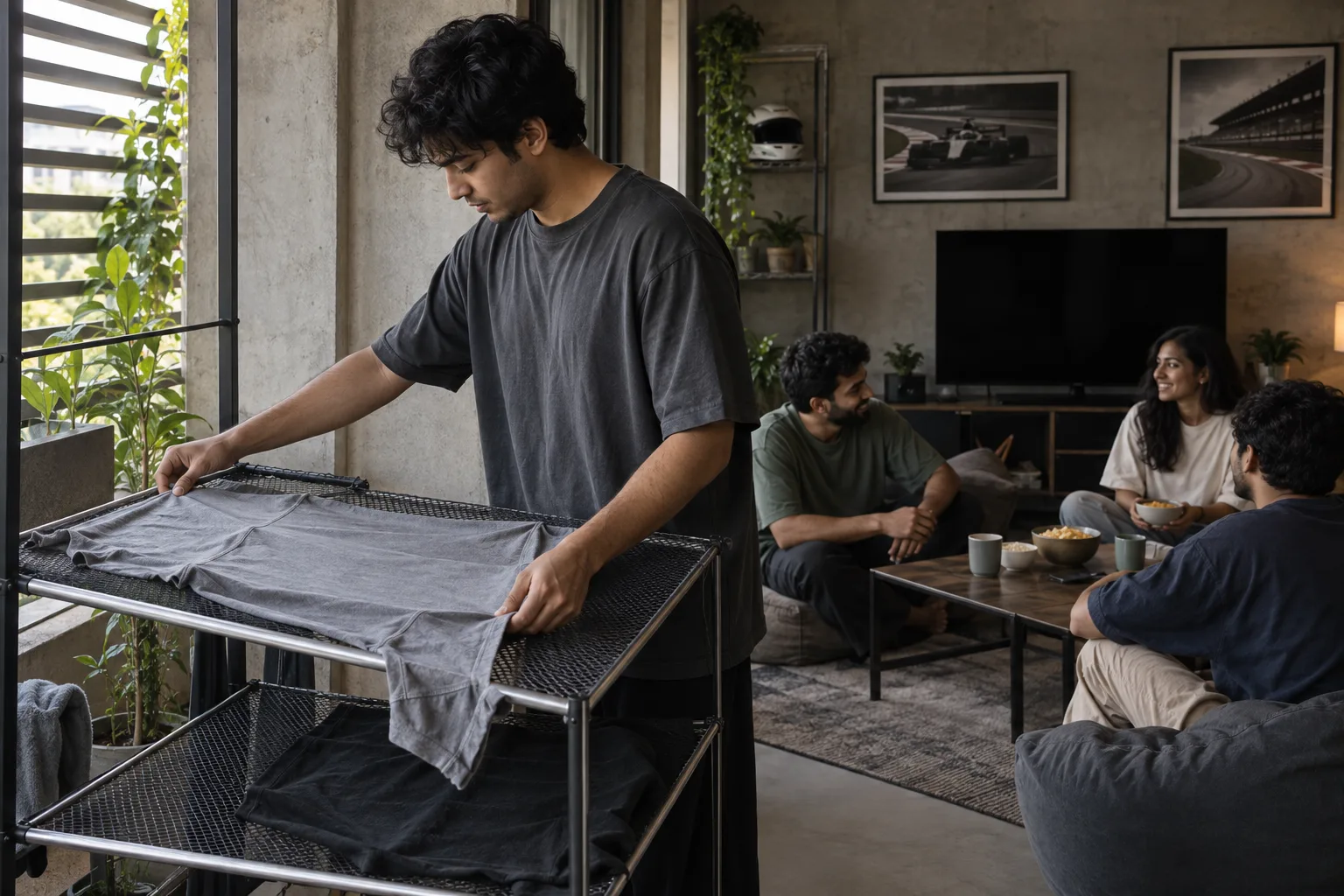 A person arranges an oversized t-shirt on a shaded drying rack beside a living room.
