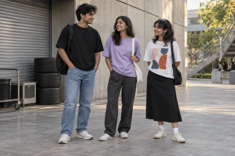 Three Indian young adults wearing oversized tees with jeans, relaxed trousers and a midi skirt.