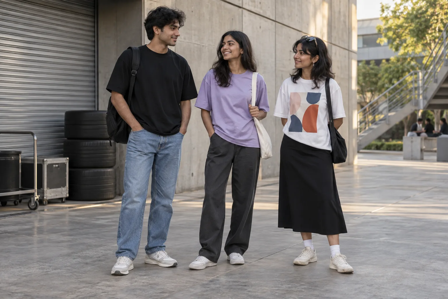 Three Indian young adults wearing oversized tees with jeans, relaxed trousers and a midi skirt.