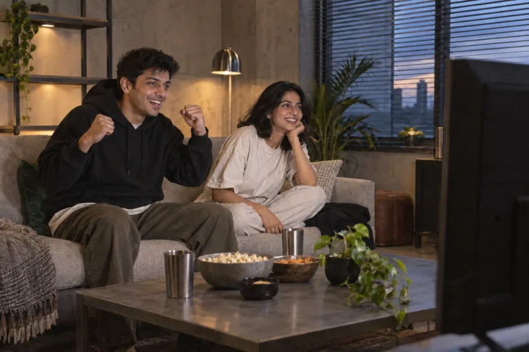 Two young adults in layered casual outfits beside a sofa in a living room.