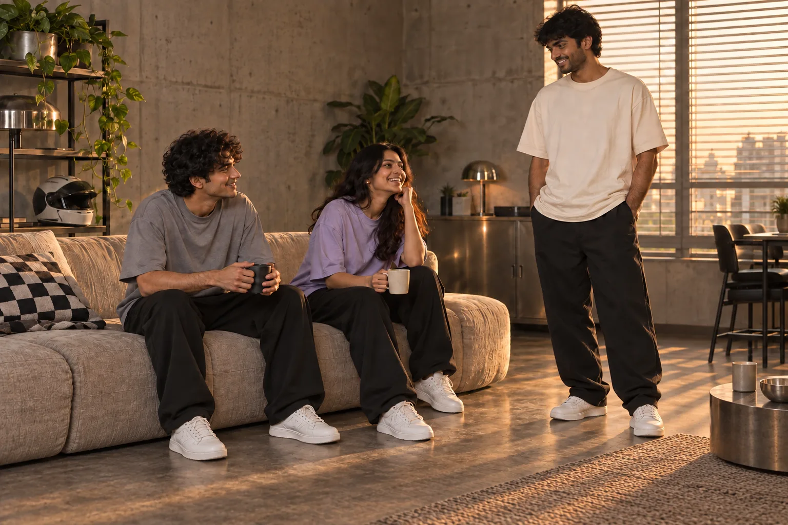 Three young adults in oversized tees and black baggy joggers gather in a sunlit living room.